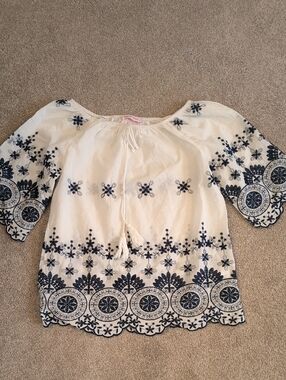 Ana and Rose White Embroidered Peasant Blouse with Navy Floral Motif.  M